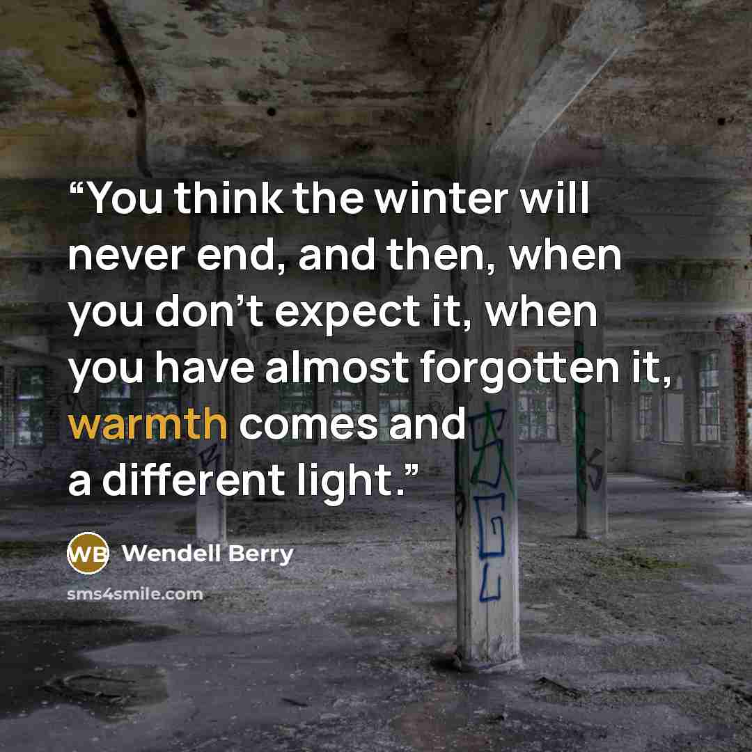 “You think the winter will never end, and then, when you don't expect it, when you have almost forgotten it, warmth comes and a different light.” quote by Wendell Berry