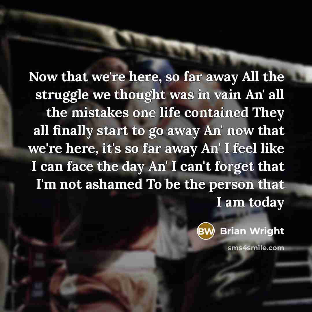 “Now that we're here, so far away All the struggle we thought was in vain An' all the mistakes one life contained They all finally start to go away An' now that we're here, it's so far away An' I feel like I can face the day An' I can't forget that I'm not ashamed To be the person that I am today” quote by Brian Wright