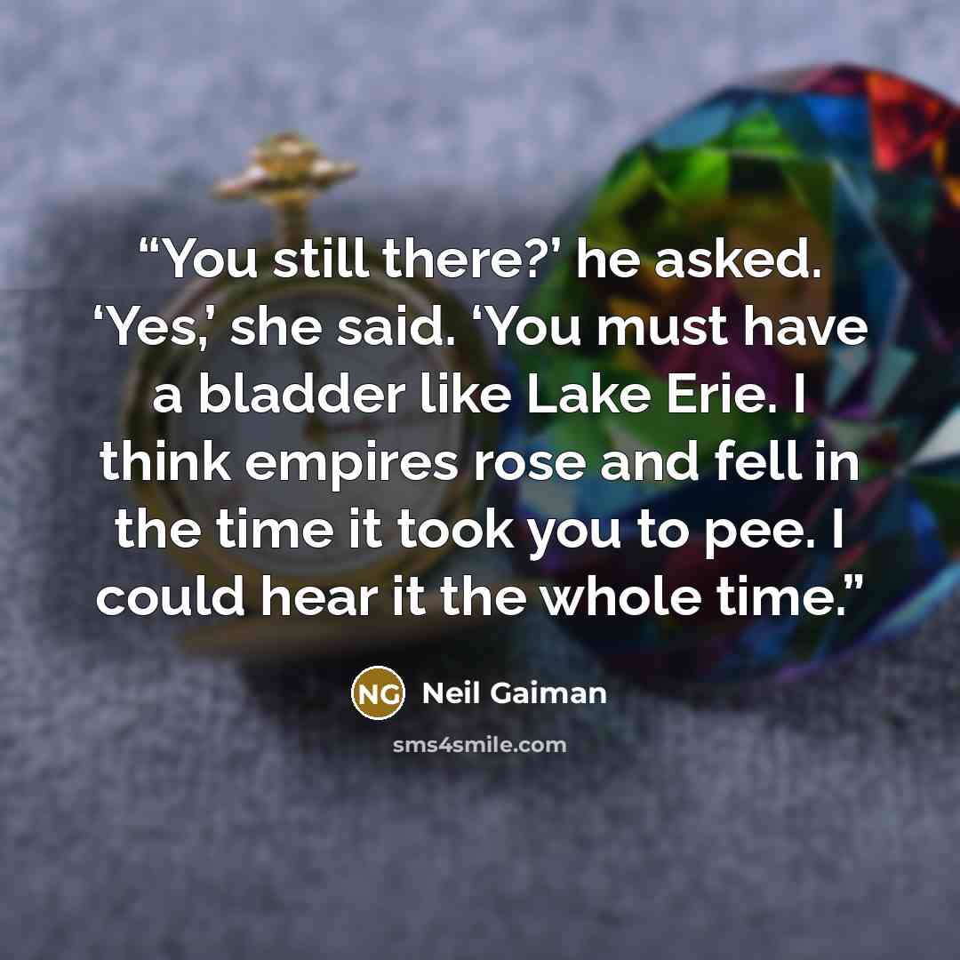 “You still there?’ he asked. ‘Yes,’ she said. ‘You must have a bladder like Lake Erie. I think empires rose and fell in the time it took you to pee. I could hear it the whole time.” quote by Neil Gaiman