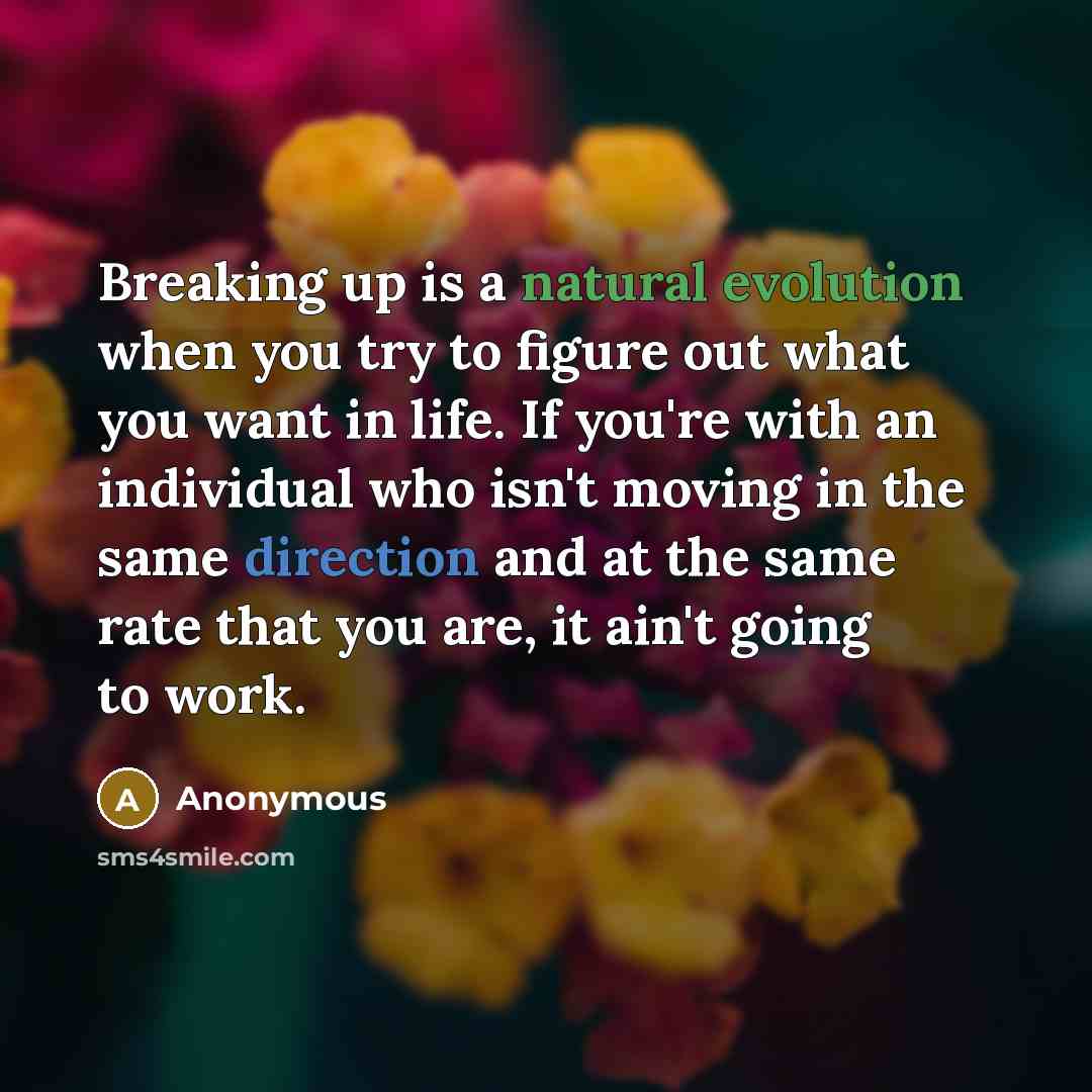 “Breaking up is a natural evolution when you try to figure out what you want in life. If you're with an individual who isn't moving in the same direction and at the same rate that you are, it ain't going to work.” quote by Anonymous