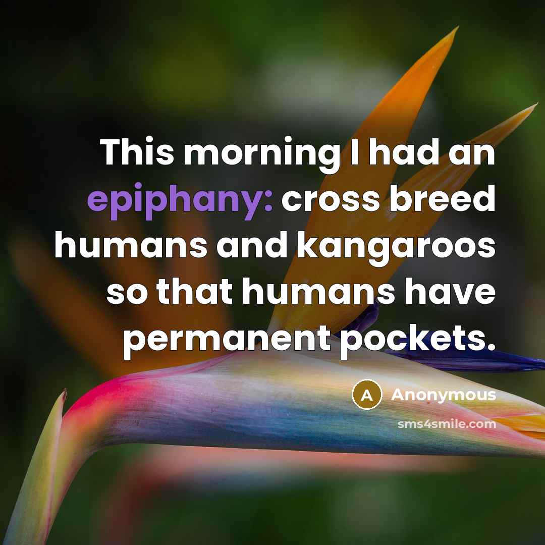 “This morning I had an epiphany: cross breed humans and kangaroos so that humans have permanent pockets.” quote by Anonymous