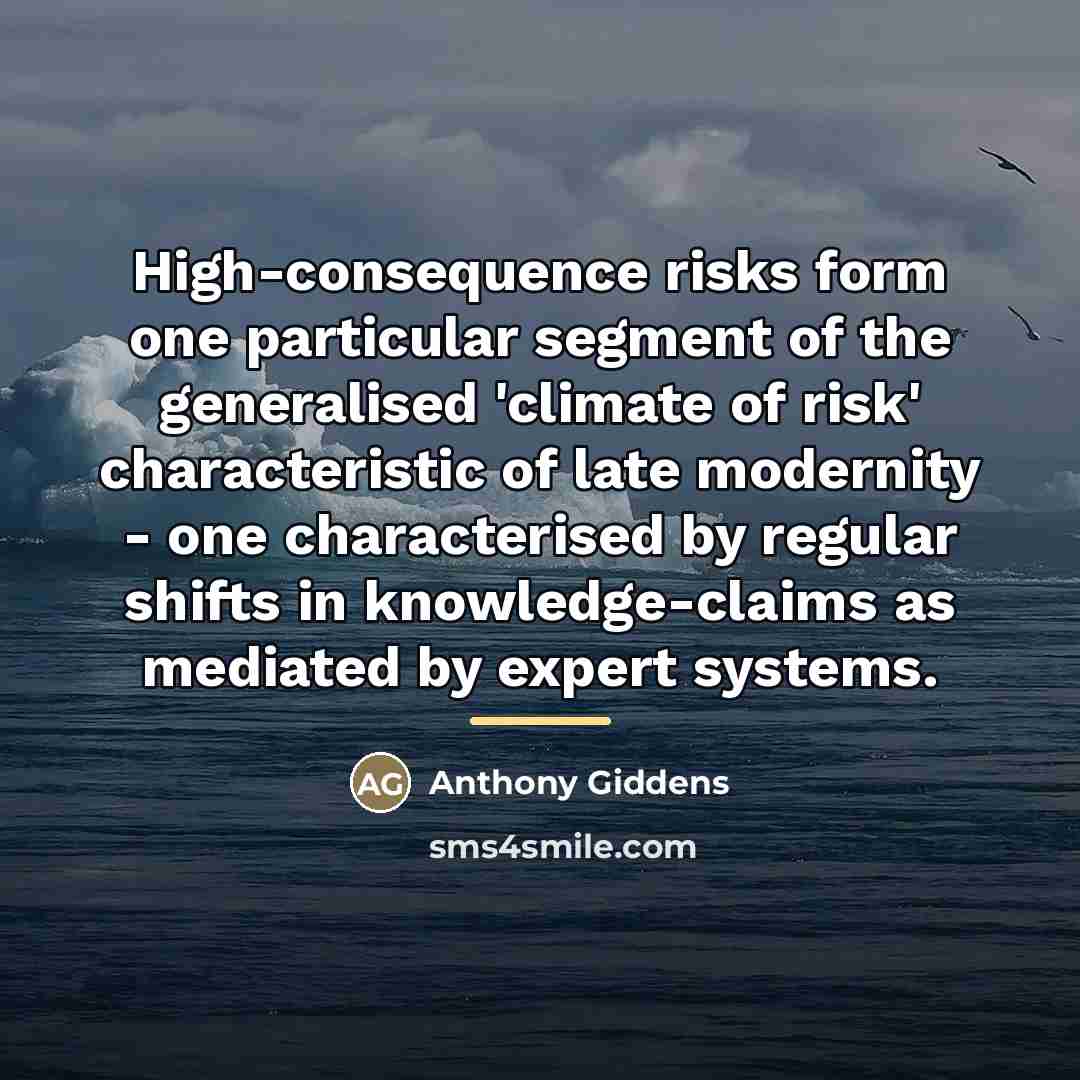 “High-consequence risks form one particular segment of the generalised 'climate…” quote by Anthony Giddens