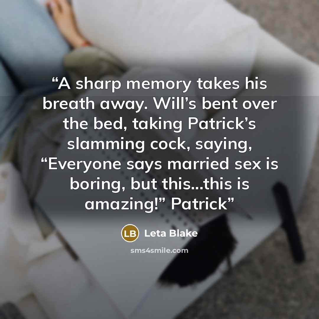 “A sharp memory takes his breath away. Will’s bent over the bed, taking Patrick’s slamming cock, saying, “Everyone says married sex is boring, but this...this is amazing!” Patrick” quote by Leta Blake