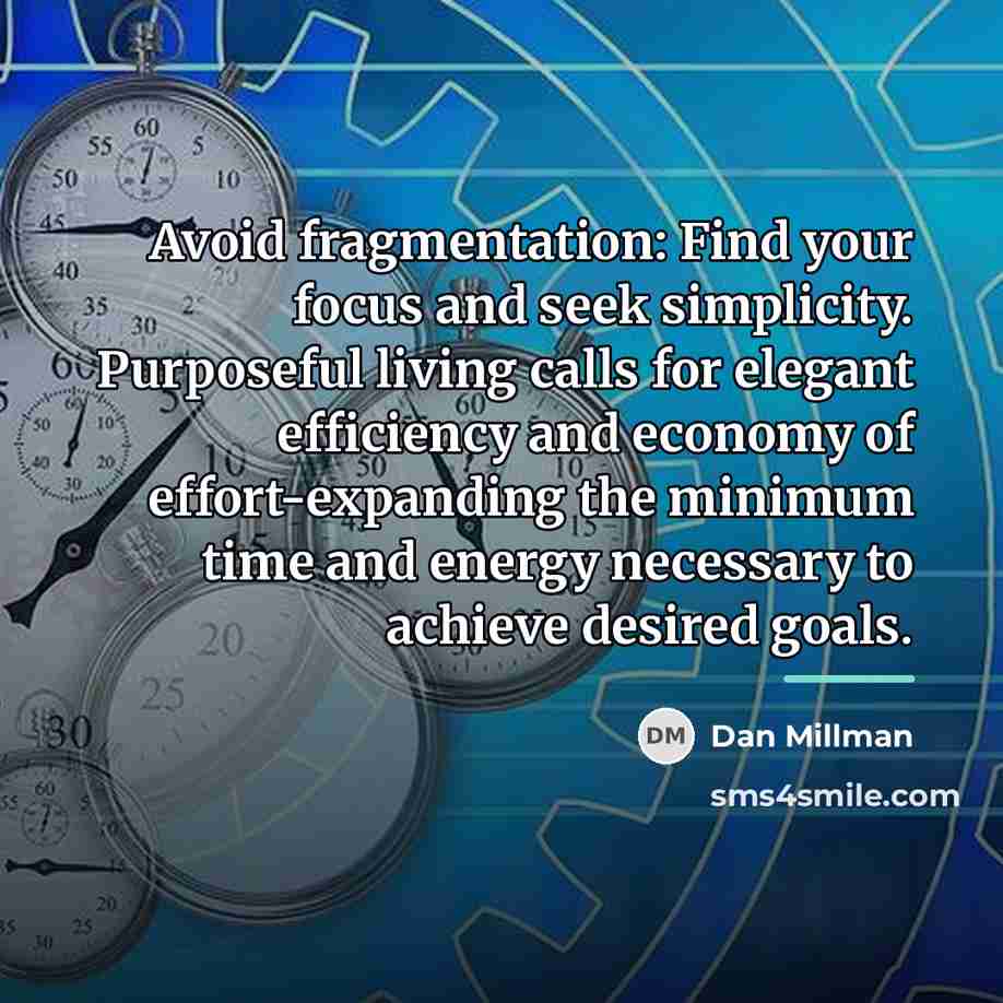 “Avoid fragmentation: Find your focus and seek simplicity. Purposeful living…” quote by Dan Millman