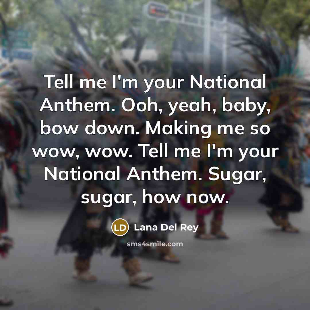 “Tell me I'm your National Anthem. Ooh, yeah, baby, bow down. Making me so wow, wow. Tell me I'm your National Anthem. Sugar, sugar, how now.” quote by Lana Del Rey