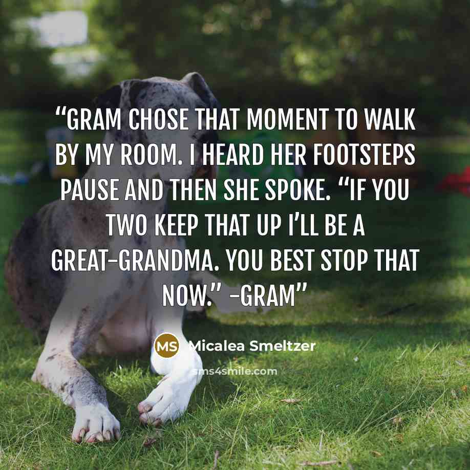 “Gram chose that moment to walk by my room. I heard her footsteps pause and then she spoke. “If you two keep that up I’ll be a great-grandma. You best stop that now.” -Gram” quote by Micalea Smeltzer