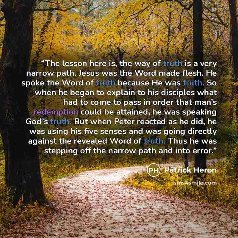 “The lesson here is, the way of truth is a very narrow path. Jesus was the Word made flesh. He spoke the Word of truth because He was truth. So when he began to explain to his disciples what had to come to pass in order that man’s redemption could be attained, he was speaking God’s truth. But when…” quote by Patrick Heron