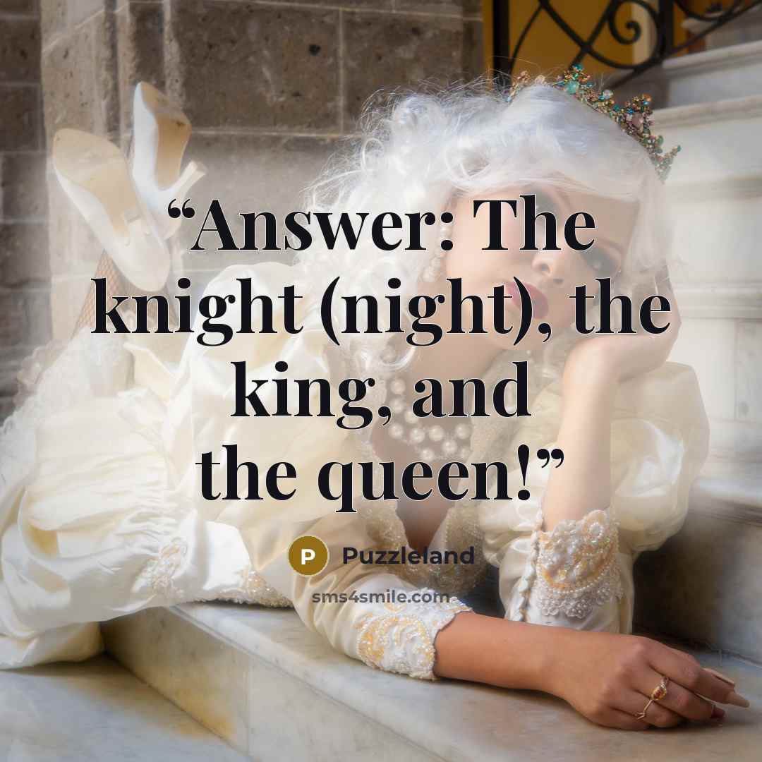 “Answer: The knight (night), the king, and the queen!” quote by Puzzleland