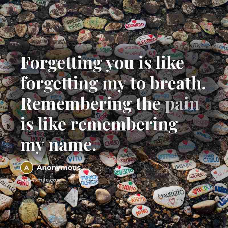 “Forgetting you is like forgetting my to breath. Remembering the pain is like remembering my name.” quote by Anonymous