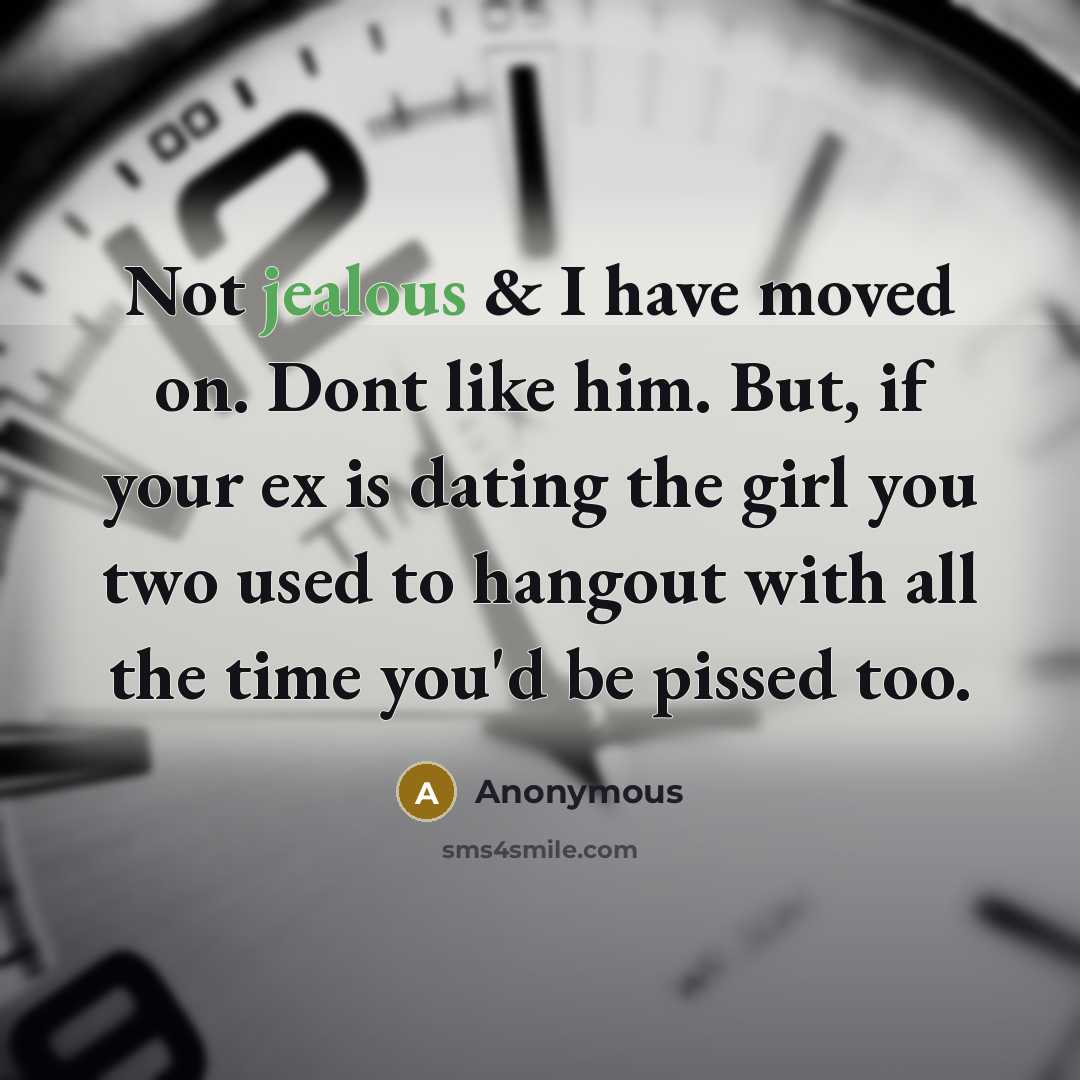 “Not jealous & I have moved on. Dont like him. But, if your ex is dating the girl you two used to hangout with all the time you'd be pissed too.” quote by Anonymous