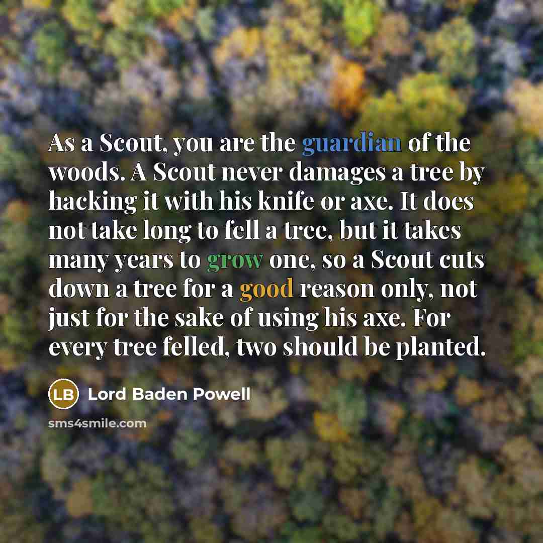 “As a Scout, you are the guardian of the woods. A Scout never damages a tree by hacking it with his knife or axe. It does not take long to fell a tree, but it takes many years to grow one, so a Scout cuts down a tree for a good reason only, not just for the sake of using his axe. For every tree…” quote by Lord Baden Powell