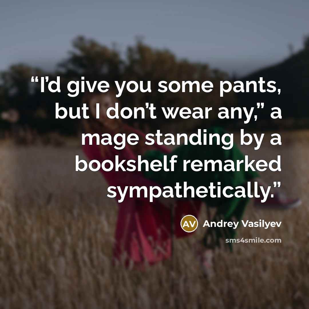 “I’d give you some pants, but I don’t wear any,” a mage standing by a bookshelf remarked sympathetically.” quote by Andrey Vasilyev