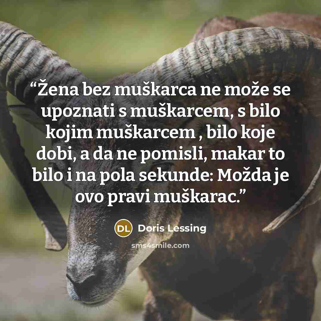 “Žena bez muškarca ne može se upoznati s muškarcem, s bilo kojim muškarcem , bilo koje dobi, a da ne pomisli, makar to bilo i na pola sekunde: Možda je ovo pravi muškarac.” quote by Doris Lessing