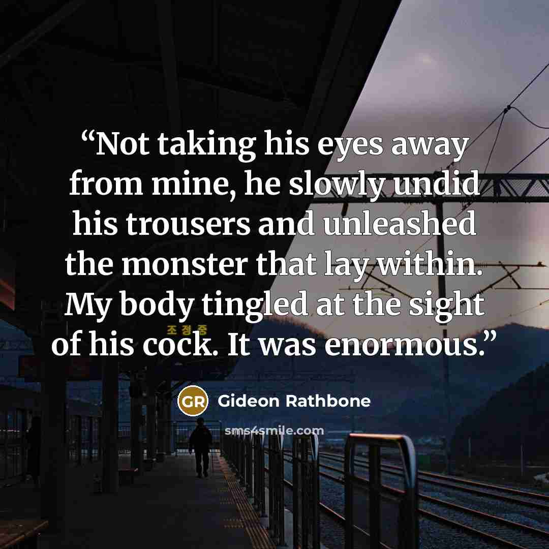 “Not taking his eyes away from mine, he slowly undid his trousers and unleashed the monster that lay within. My body tingled at the sight of his cock. It was enormous.” quote by Gideon Rathbone