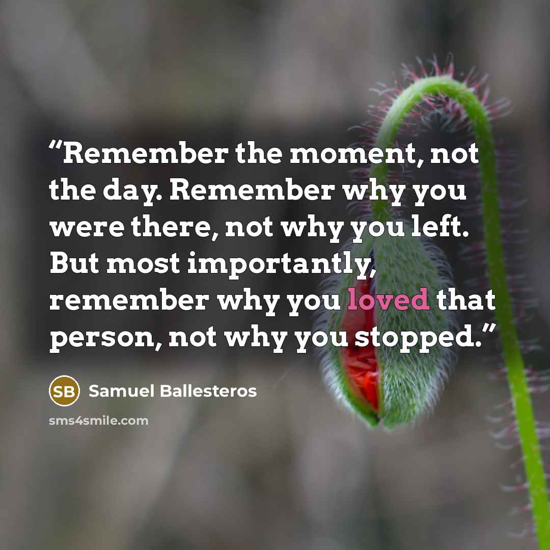 “Remember the moment, not the day. Remember why you were there, not why you left. But most importantly, remember why you loved that person, not why you stopped.” quote by Samuel Ballesteros