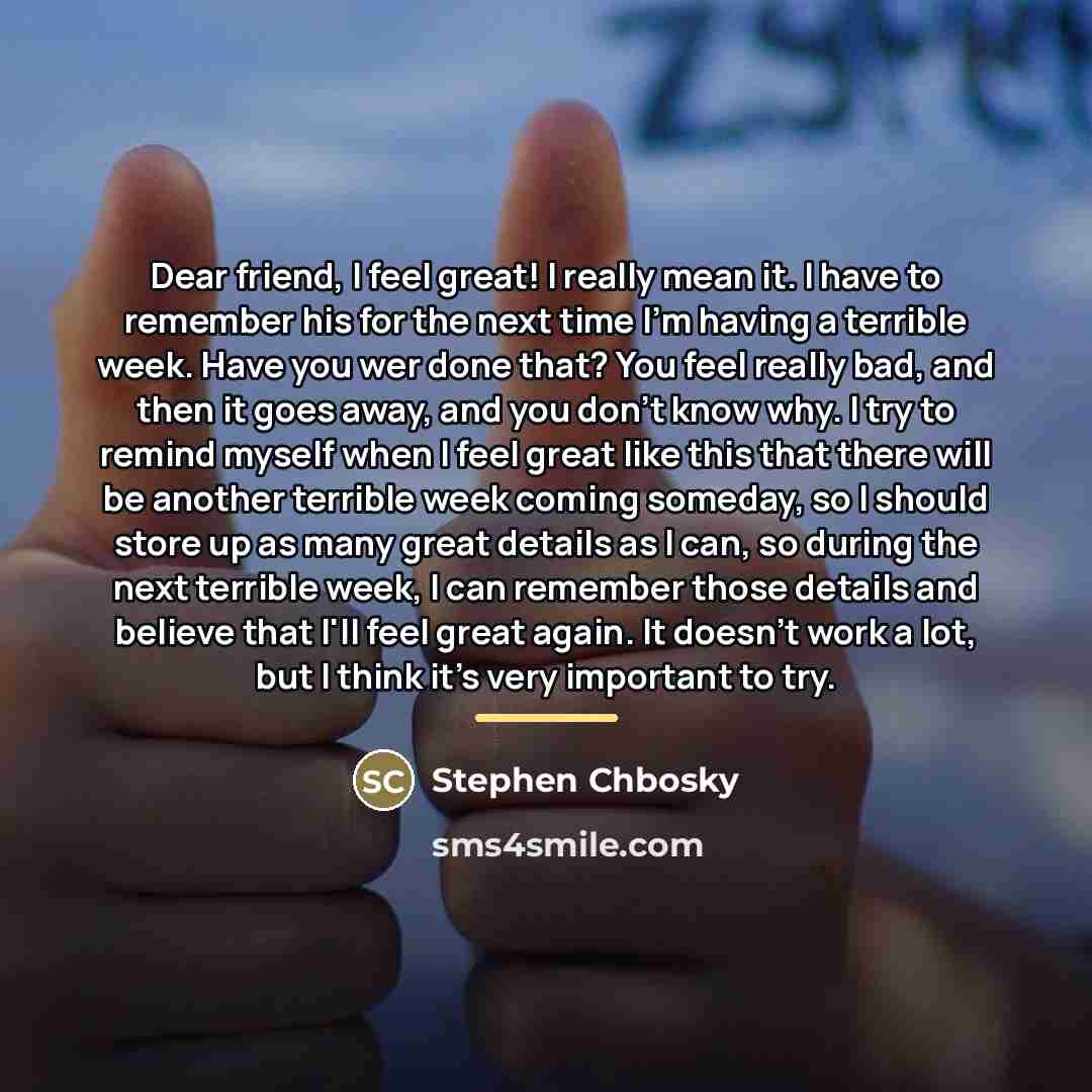“Dear friend, I feel great! I really mean it. I…” quote by Stephen Chbosky