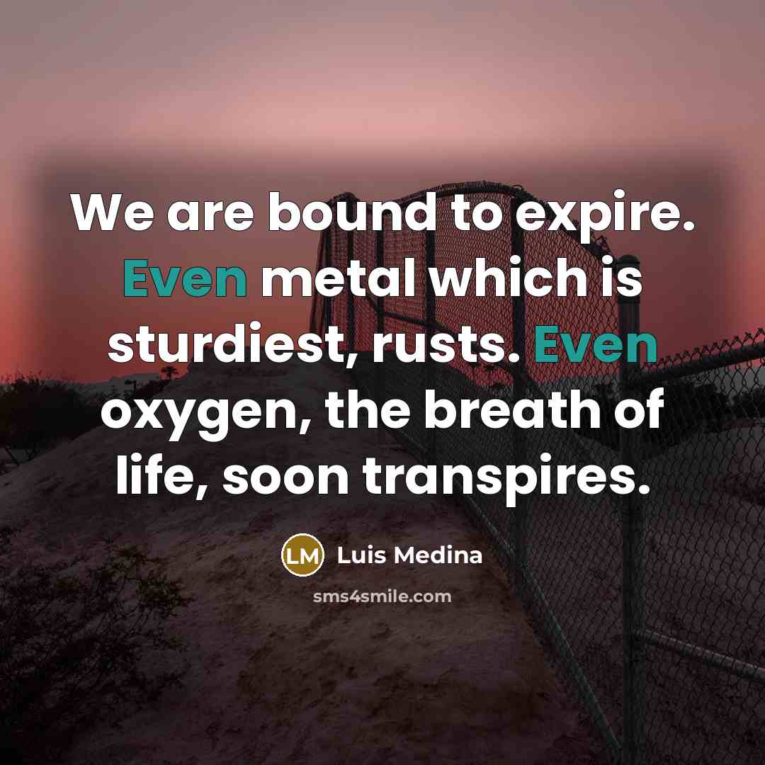 “We are bound to expire. Even metal which is sturdiest, rusts. Even oxygen, the breath of life, soon transpires.” quote by Luis Medina
