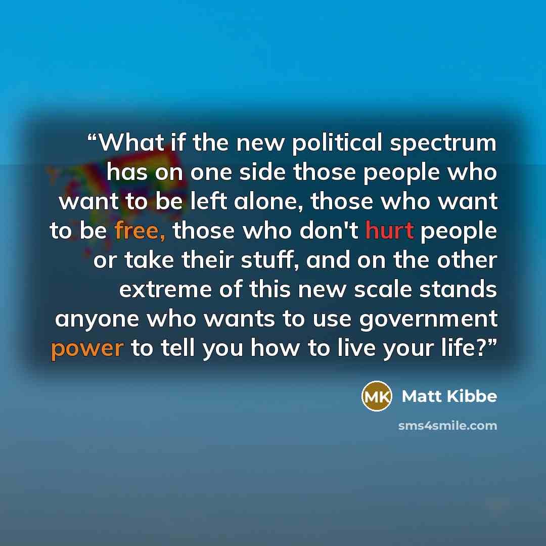 “What if the new political spectrum has on one side those people who want to be left alone, those who want to be free, those who don't hurt people or take their stuff, and on the other extreme of this new scale stands anyone who wants to use government power to tell you how to live your life?” quote by Matt Kibbe