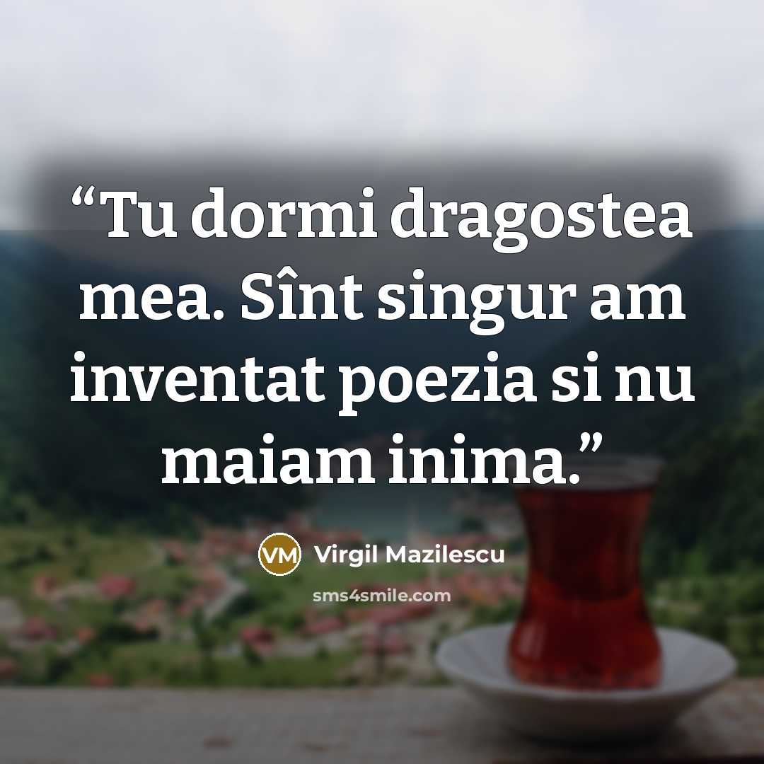 “Tu dormi dragostea mea. Sînt singur am inventat poezia si nu maiam inima.” quote by Virgil Mazilescu