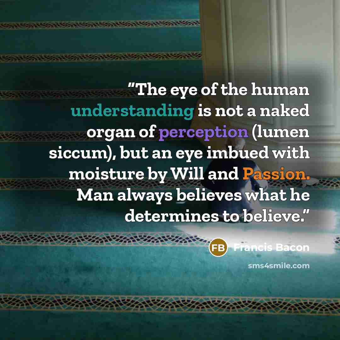 “The eye of the human understanding is not a naked organ of perception (lumen siccum), but an eye imbued with moisture by Will and Passion. Man always believes what he determines to believe.” quote by Francis Bacon