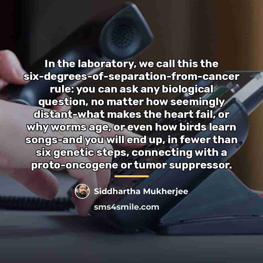 “In the laboratory, we call this the six-degrees-of-separation-from-cancer rule: you…” quote by Siddhartha Mukherjee