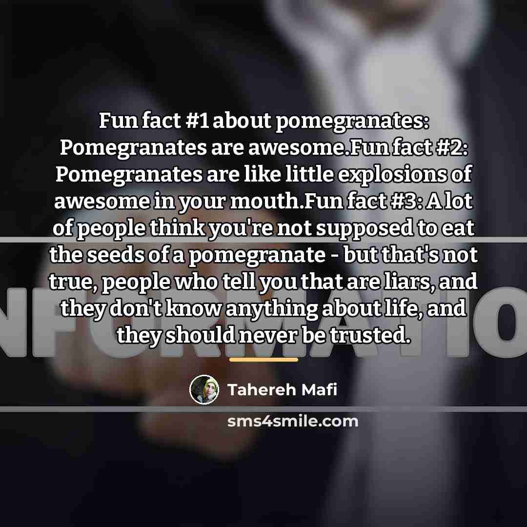 “Fun fact #1 about pomegranates: Pomegranates are awesome.Fun fact #2:…” quote by Tahereh Mafi