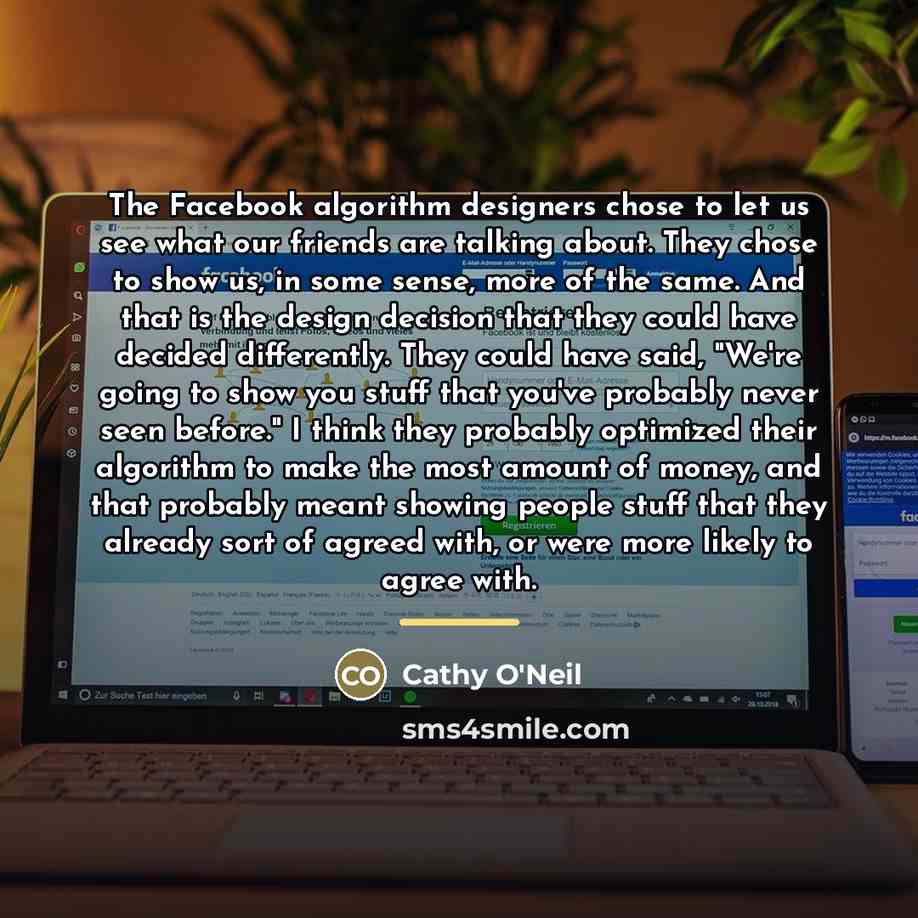 “The Facebook algorithm designers chose to let us see what…” quote by Cathy O'Neil