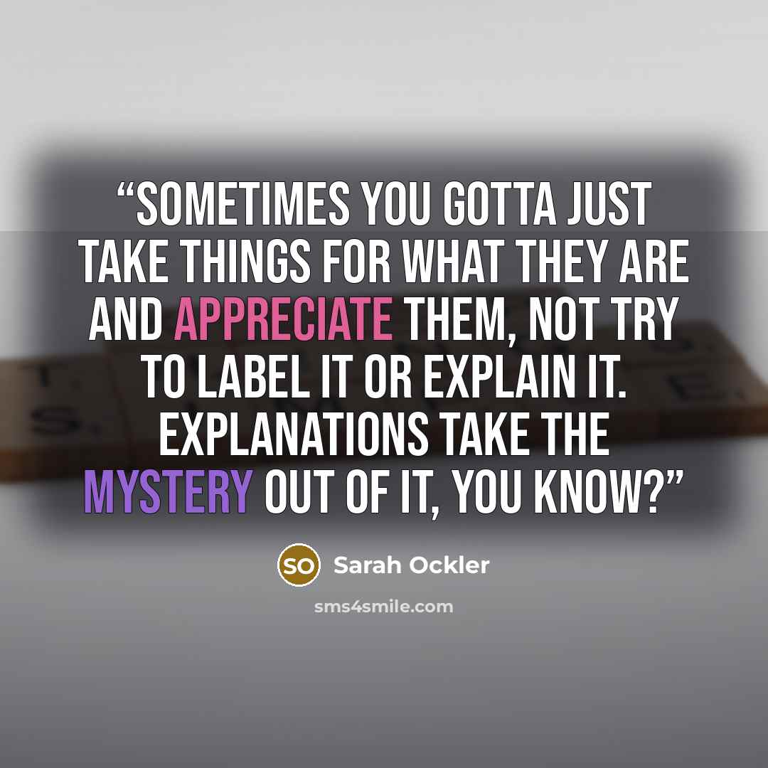 “Sometimes you gotta just take things for what they are and appreciate them, not try to label it or explain it. Explanations take the mystery out of it, you know?” quote by Sarah Ockler