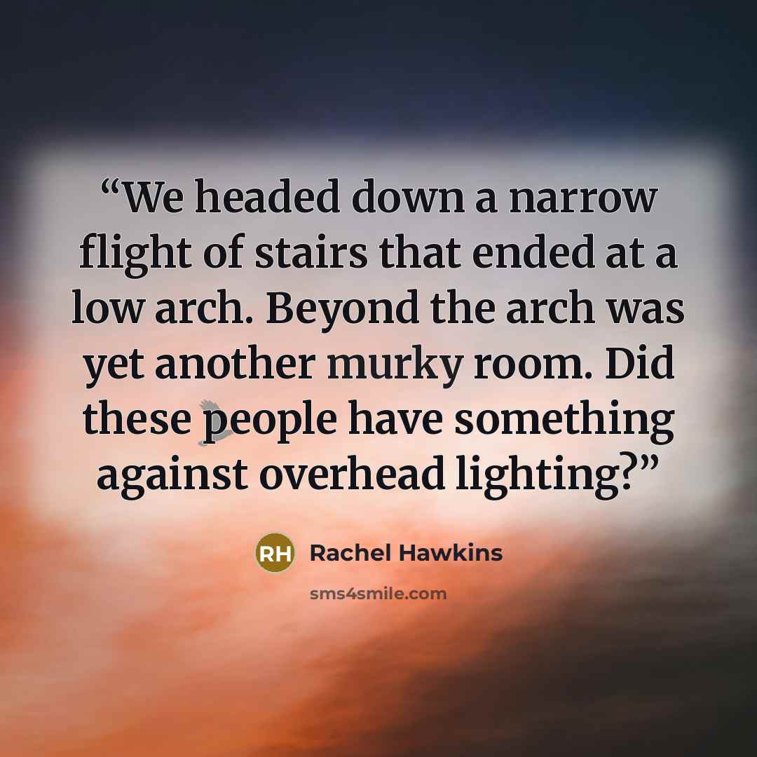 “We headed down a narrow flight of stairs that ended at a low arch. Beyond the arch was yet another murky room. Did these people have something against overhead lighting?” quote by Rachel Hawkins