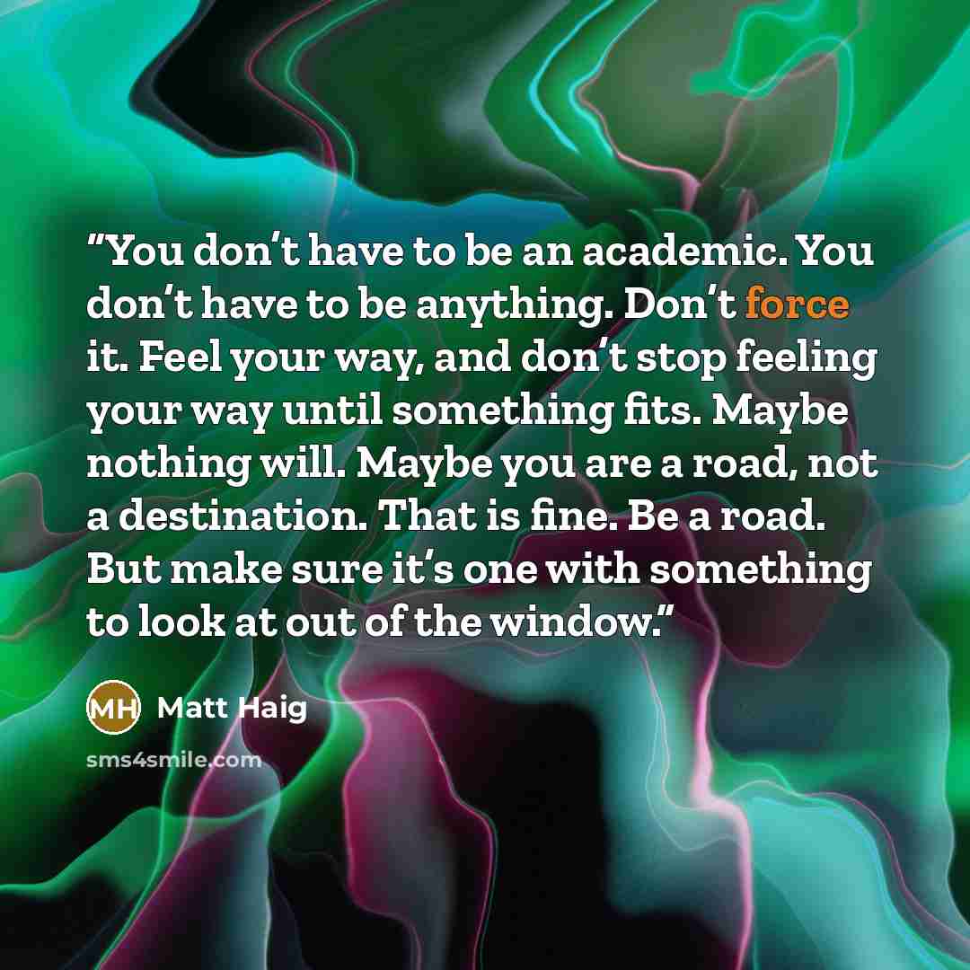 “You don’t have to be an academic. You don’t have to be anything. Don’t force it. Feel your way, and don’t stop feeling your way until something fits. Maybe nothing will. Maybe you are a road, not a destination. That is fine. Be a road. But make sure it’s one with something to look at out of the…” quote by Matt Haig