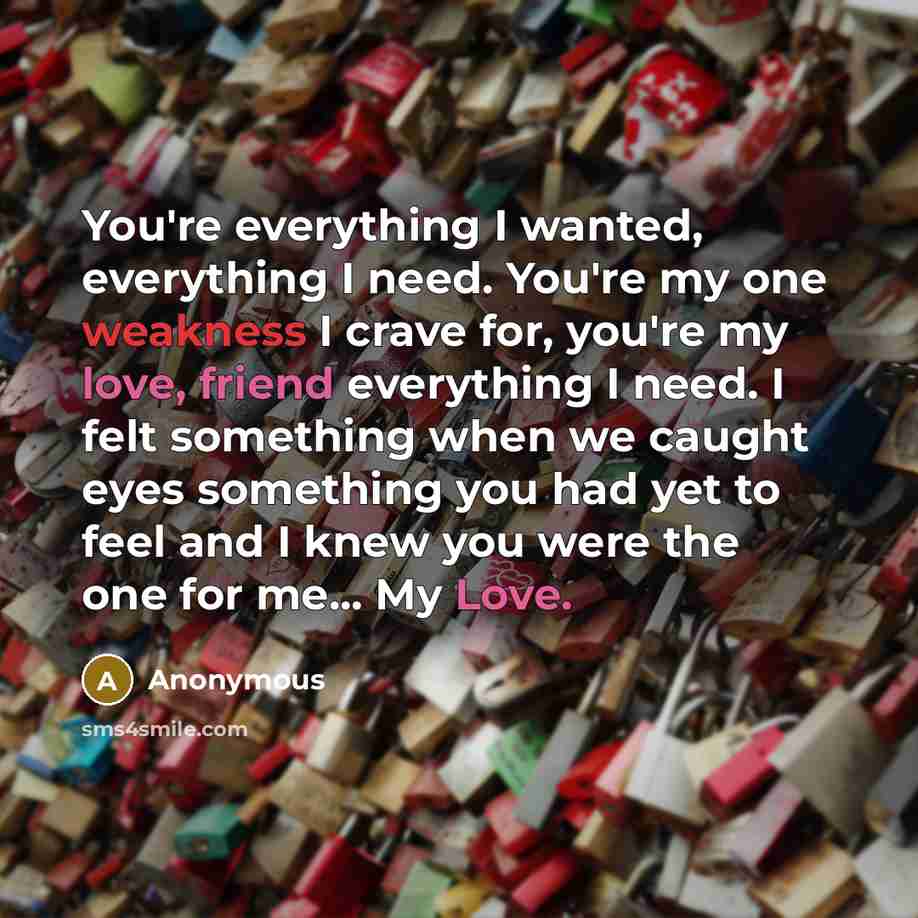 “You're everything I wanted, everything I need. You're my one weakness I crave for, you're my love, friend everything I need. I felt something when we caught eyes something you had yet to feel and I knew you were the one for me... My Love.” quote by Anonymous