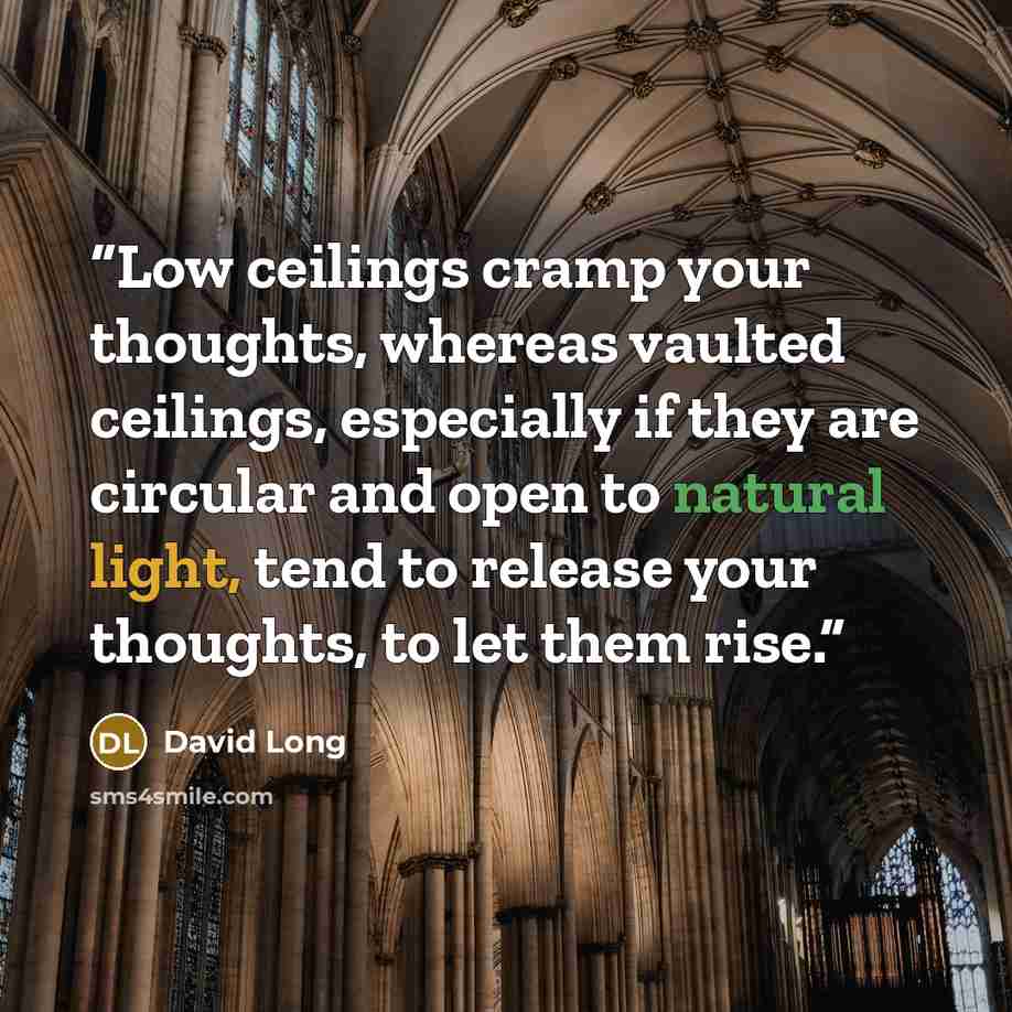 “Low ceilings cramp your thoughts, whereas vaulted ceilings, especially if they are circular and open to natural light, tend to release your thoughts, to let them rise.” quote by David Long
