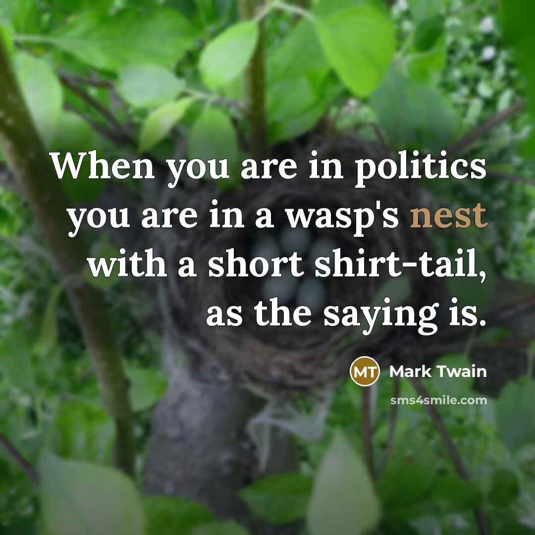 “When you are in politics you are in a wasp's…” quote by Mark Twain