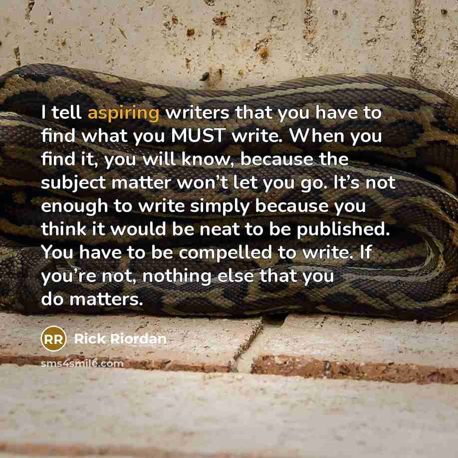“I tell aspiring writers that you have to find what you MUST write. When you find it, you will know, because the subject matter won’t let you go. It’s not enough to write simply because you think it would be neat to be published. You have to be compelled to write. If you’re not, nothing else that…” quote by Rick Riordan