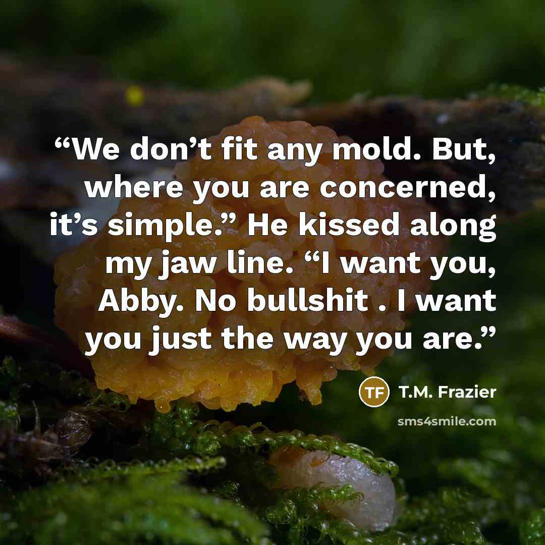 “We don’t fit any mold. But, where you are concerned, it’s simple.” He kissed along my jaw line. “I want you, Abby. No bullshit . I want you just the way you are.” quote by t.m. frazier