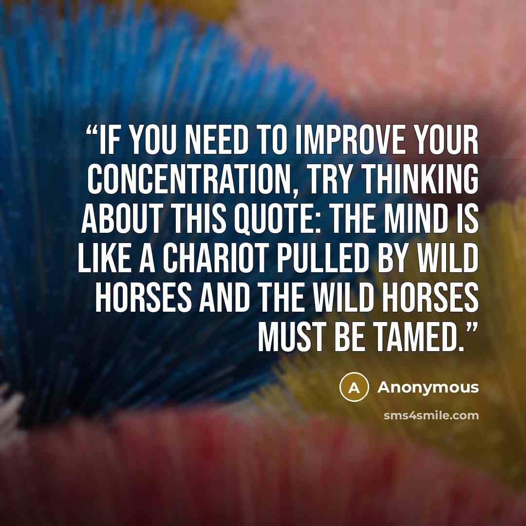 “If you need to improve your concentration, try thinking about this quote: The mind is like a chariot pulled by wild horses and the wild horses must be tamed.” quote by Anonymous