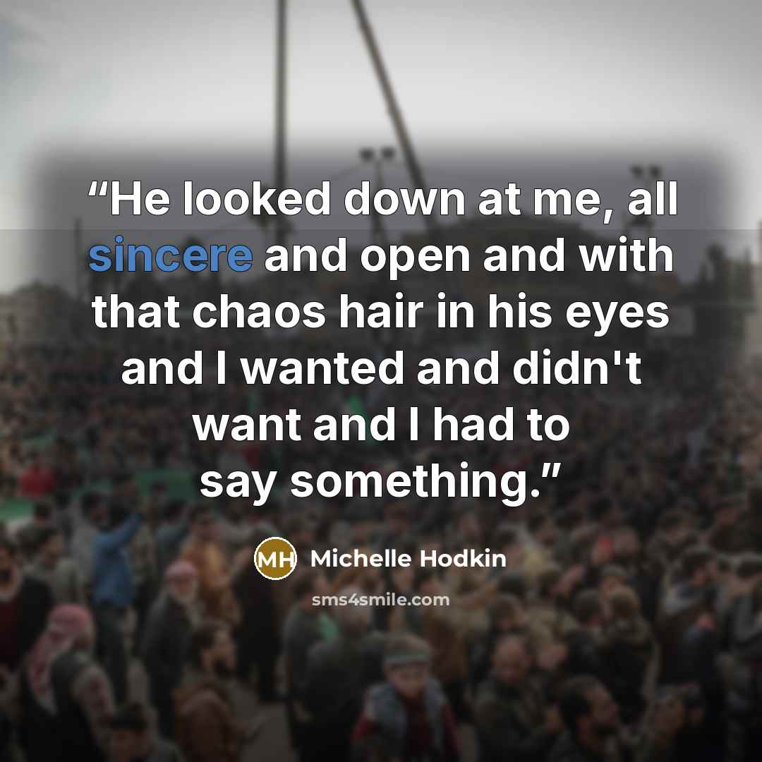 “He looked down at me, all sincere and open and with that chaos hair in his eyes and I wanted and didn't want and I had to say something.” quote by Michelle Hodkin