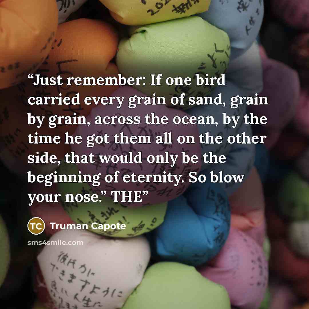 “Just remember: If one bird carried every grain of sand, grain by grain, across the ocean, by the time he got them all on the other side, that would only be the beginning of eternity. So blow your nose.” THE” quote by Truman Capote