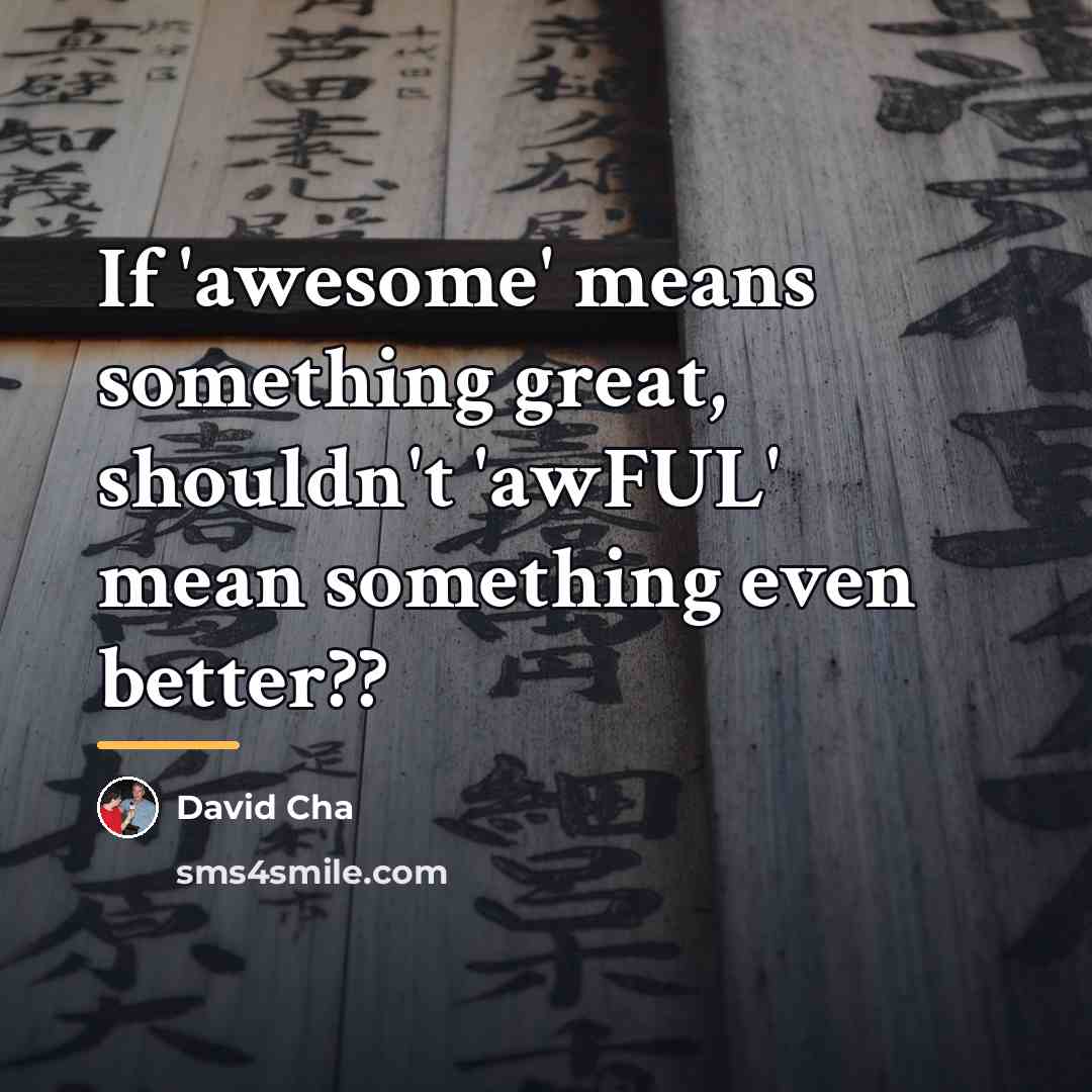 “If 'awesome' means something great, shouldn't 'awFUL' mean something even…” quote by David Cha