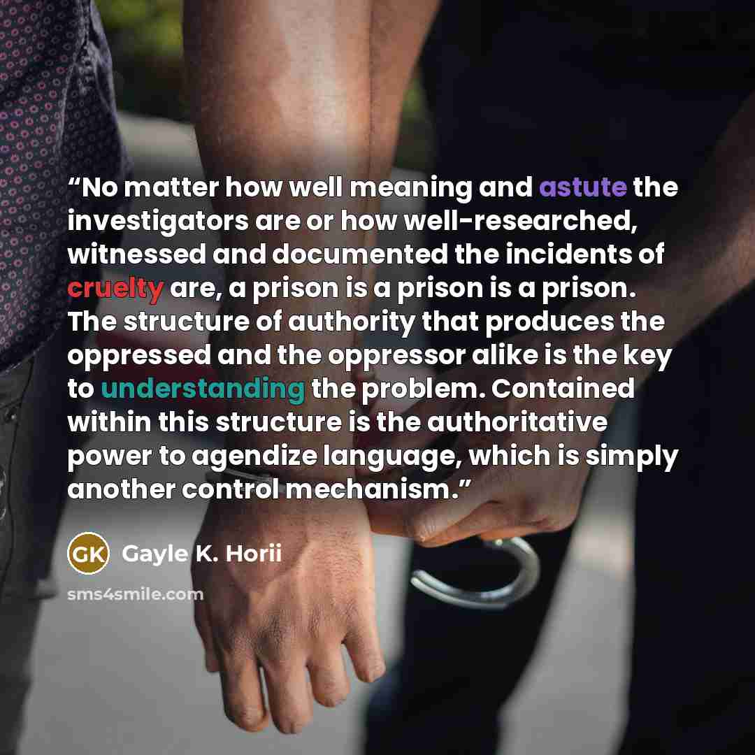 “No matter how well meaning and astute the investigators are or how well-researched, witnessed and documented the incidents of cruelty are, a prison is a prison is a prison. The structure of authority that produces the oppressed and the oppressor alike is the key to understanding the problem…” quote by Gayle K. Horii