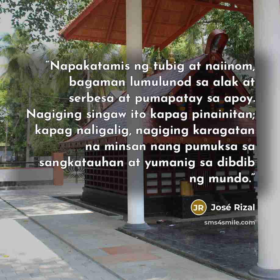 “Napakatamis ng tubig at naiinom, bagaman lumulunod sa alak at serbesa at pumapatay sa apoy. Nagiging singaw ito kapag pinainitan; kapag naligalig, nagiging karagatan na minsan nang pumuksa sa sangkatauhan at yumanig sa dibdib ng mundo.” quote by José Rizal