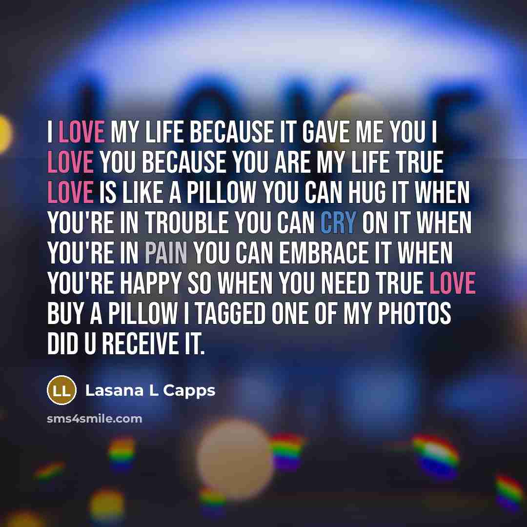“I love my life because it gave me you I love you because you are my life True love is like a pillow You can hug it when you're in trouble You can cry on it when you're in pain You can embrace it when you're happy So when you need true love Buy a pillow I tagged one of my photos did u receive it.” quote by Lasana L Capps