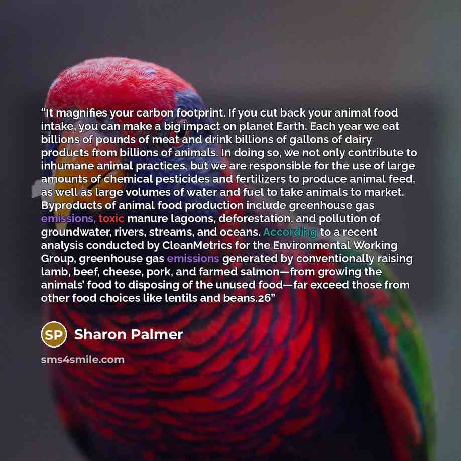 “It magnifies your carbon footprint. If you cut back your animal food intake, you can make a big impact on planet Earth. Each year we eat billions of pounds of meat and drink billions of gallons of dairy products from billions of animals. In doing so, we not only contribute to inhumane animal…” quote by Sharon Palmer