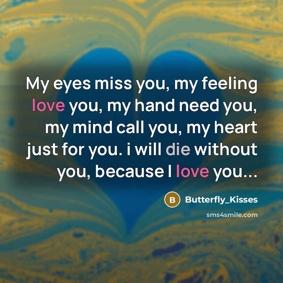 “My eyes miss you, my feeling love you, my hand need you, my mind call you, my heart just for you. i will die without you, because I love you...” quote by Butterfly_Kisses