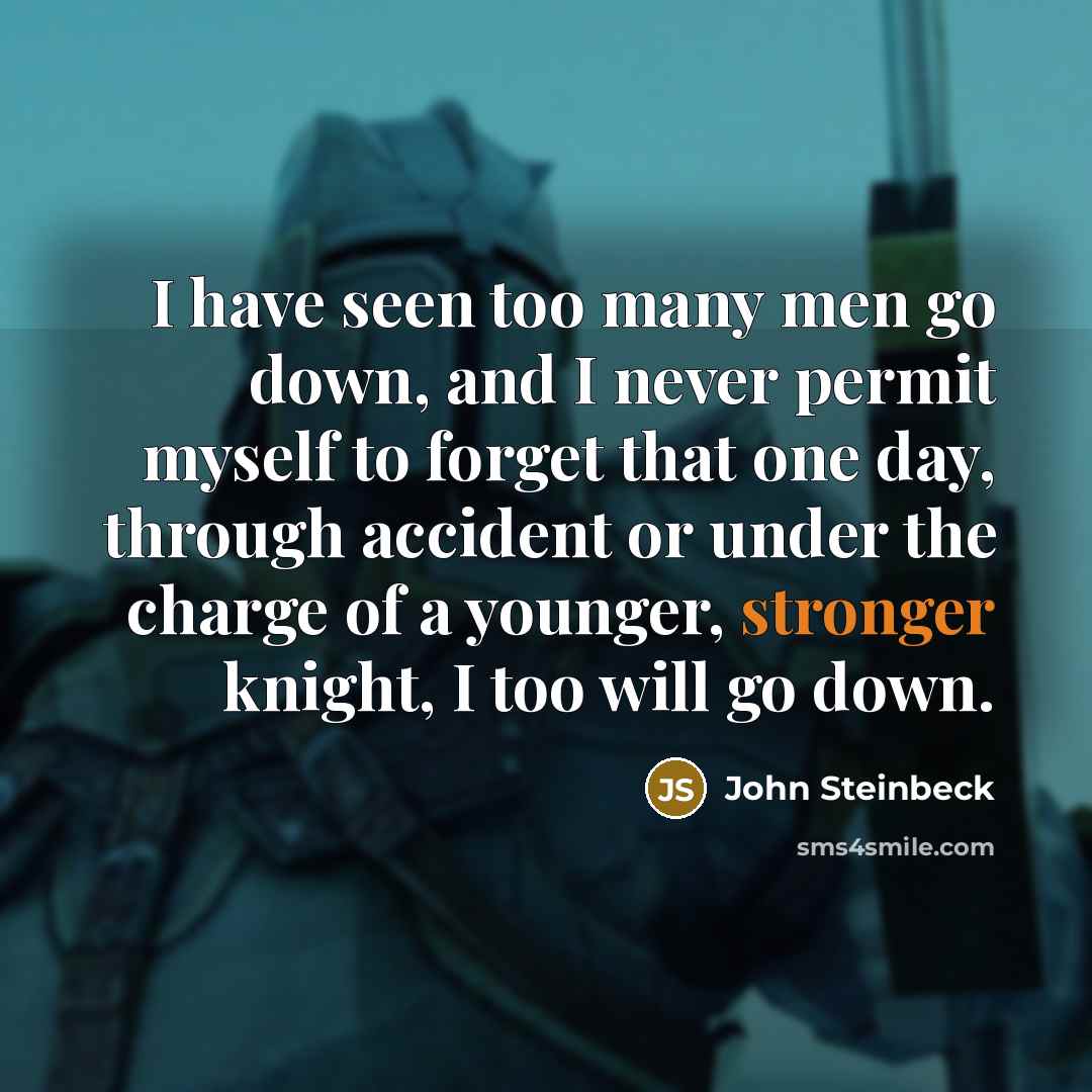 “I have seen too many men go down, and I never permit myself to forget that one day, through accident or under the charge of a younger, stronger knight, I too will go down.” quote by John Steinbeck