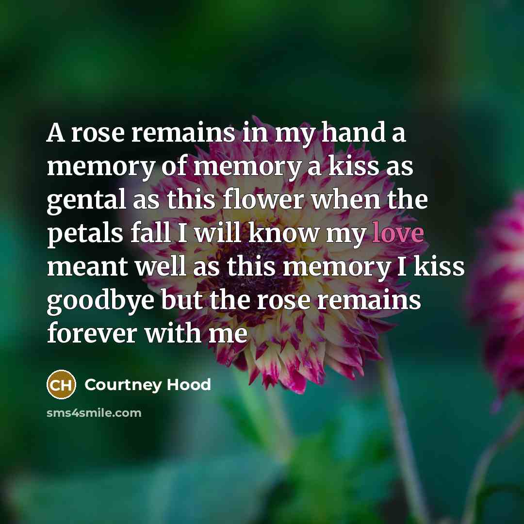 “A rose remains in my hand a memory of memory a kiss as gental as this flower when the petals fall I will know my love meant well as this memory I kiss goodbye but the rose remains forever with me” quote by Courtney Hood