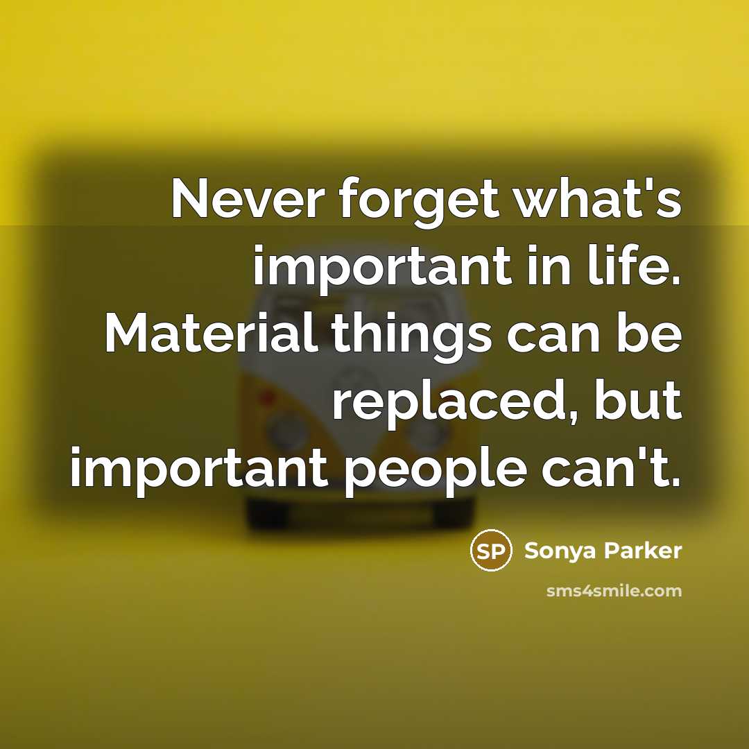 “Never forget what's important in life. Material things can be…” quote by Sonya Parker
