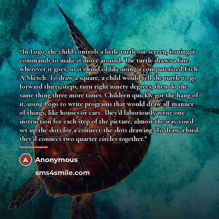 “In Logo, the child controls a little turtle on-screen, issuing it commands to make it move around. The turtle draws a line wherever it goes, so it’s kind of like using a computerized Etch A Sketch. To draw a square, a child would tell the turtle to go forward thirty steps, turn right ninety…” quote by Anonymous