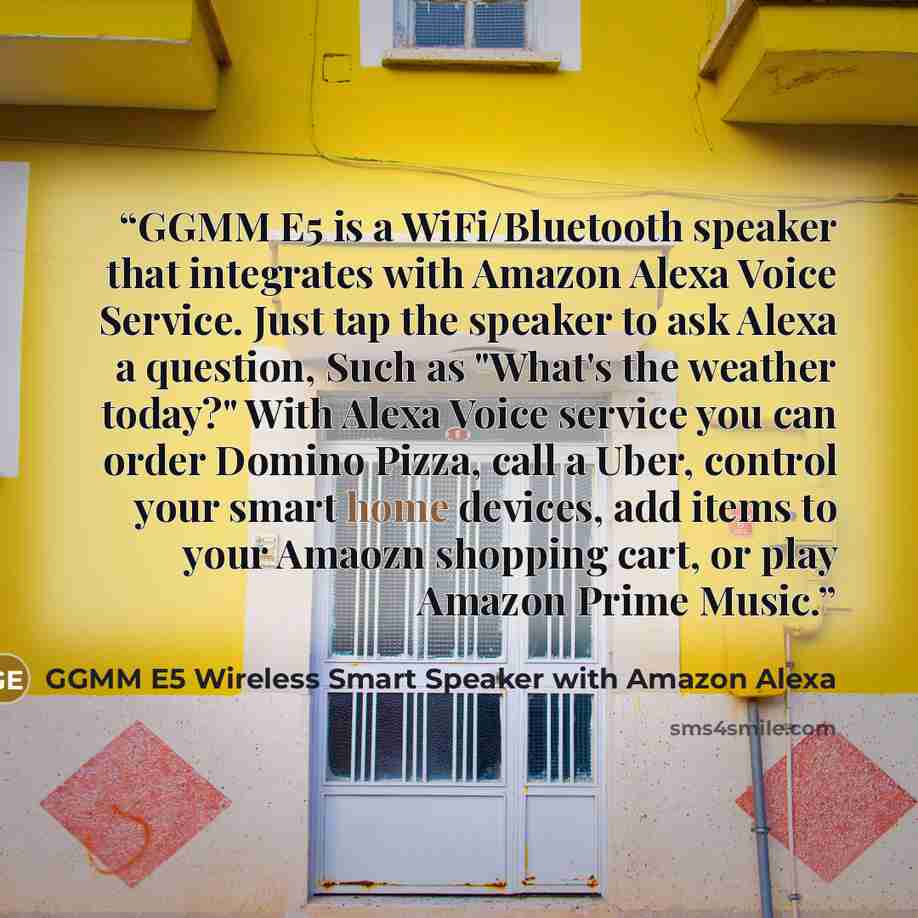 “GGMM E5 is a WiFi/Bluetooth speaker that integrates with Amazon Alexa Voice Service. Just tap the speaker to ask Alexa a question, Such as "What's the weather today?" With Alexa Voice service you can order Domino Pizza, call a Uber, control your smart home devices, add items to your Amaozn…” quote by GGMM E5 Wireless Smart Speaker with Amazon Alexa