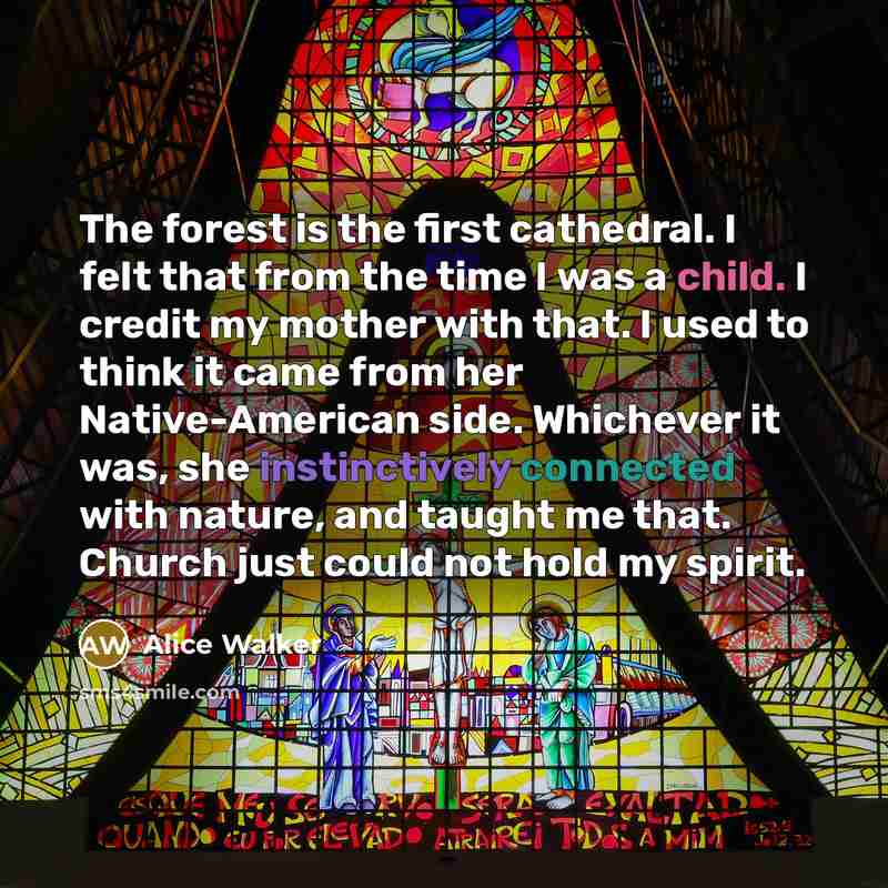 “The forest is the first cathedral. I felt that from the time I was a child. I credit my mother with that. I used to think it came from her Native-American side. Whichever it was, she instinctively connected with nature, and taught me that. Church just could not hold my spirit.” quote by Alice Walker